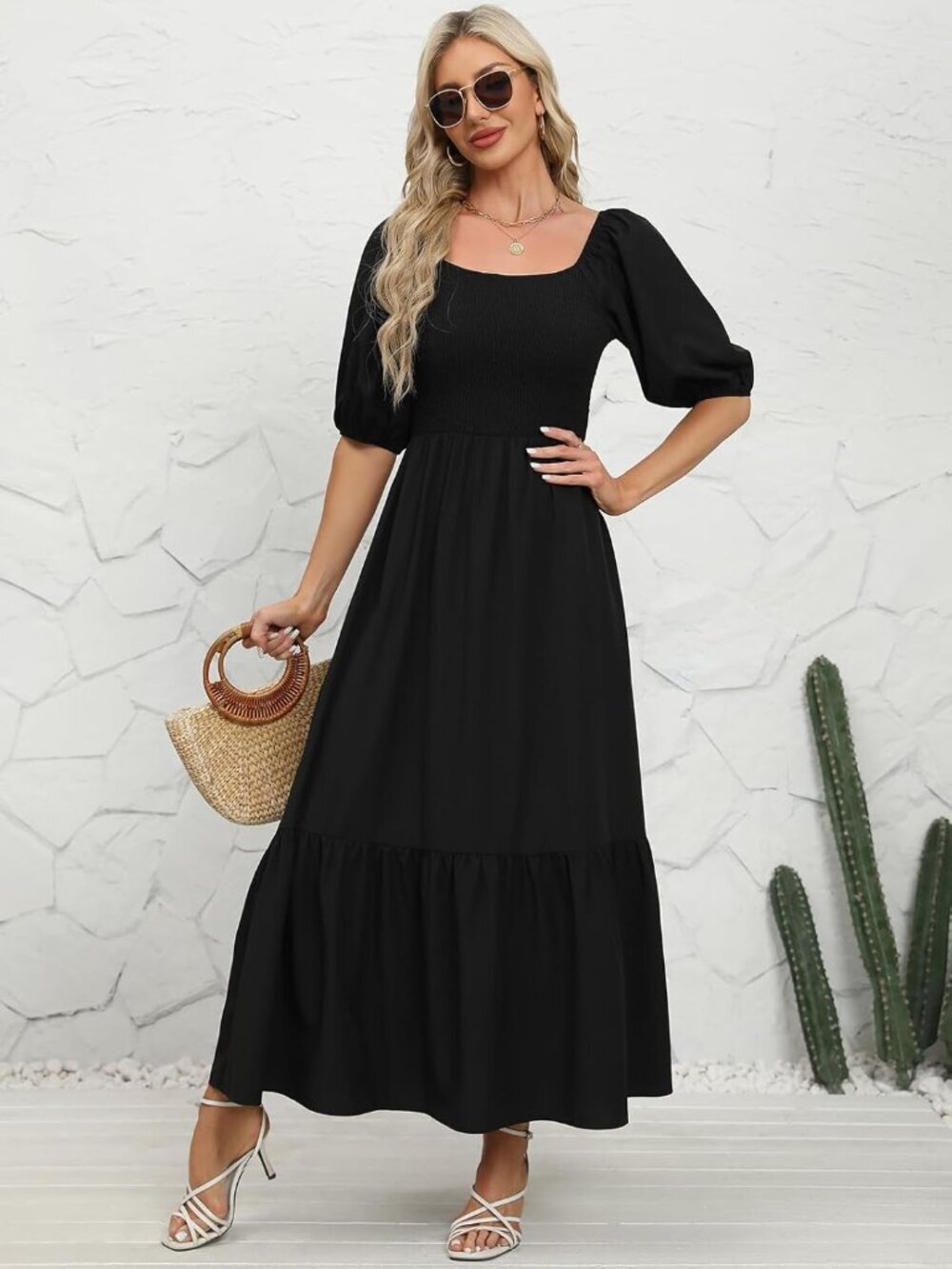 〽️Women's Black Puff Sleeve Square Neck Tiered Ruffle Ankle Length Maxi Dress